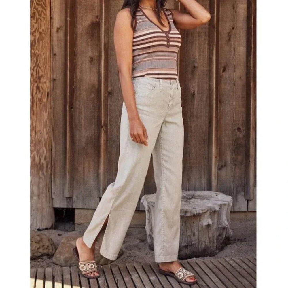 Evereve Sundae Wide Leg Pants Beige Linen Blend Split Hem size 30 Resort Boho